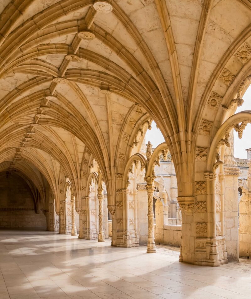 Beautiful reticulated vaulting in courtyard of cloisters of Hieronymites Monastery, Mosteiro dos Jeronimos, in Belem district of Lisbon, Portugal. Famous Lisboa landmark and Unesco Heritage site.