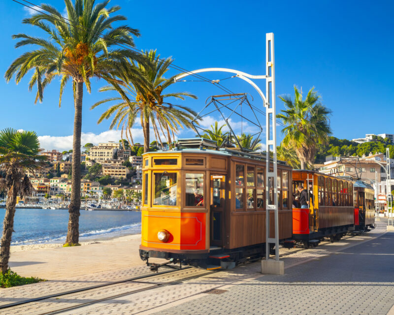 The famous orange tram runs from Soller to Port de Soller, Mallorca, Spain