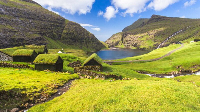 freen houses Saksun Stremnoy island in Faroe Islands