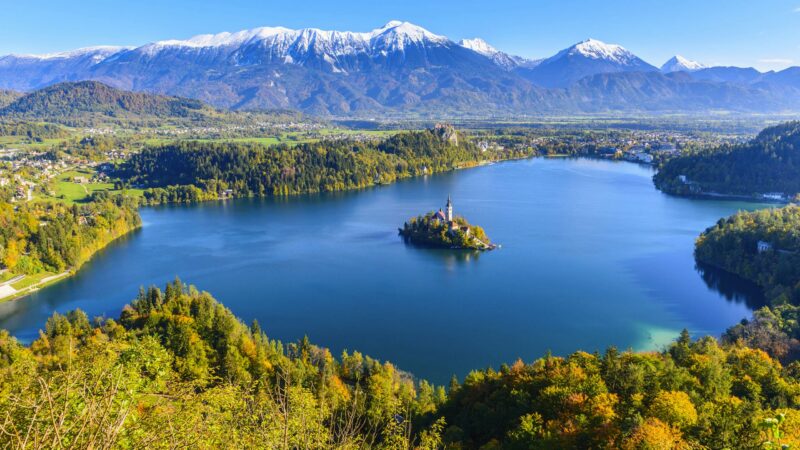 The beautiful lake bled panoramic view Slovenia