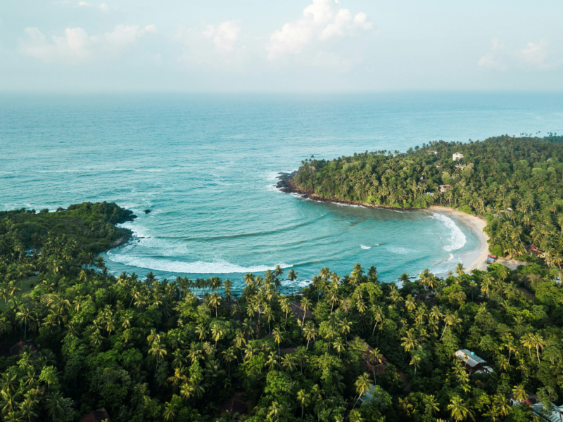 Premium coastal escape in Sri Lanka showing a quiet, turquoise bay perfect for private whale watching or a luxury wellness retreat.