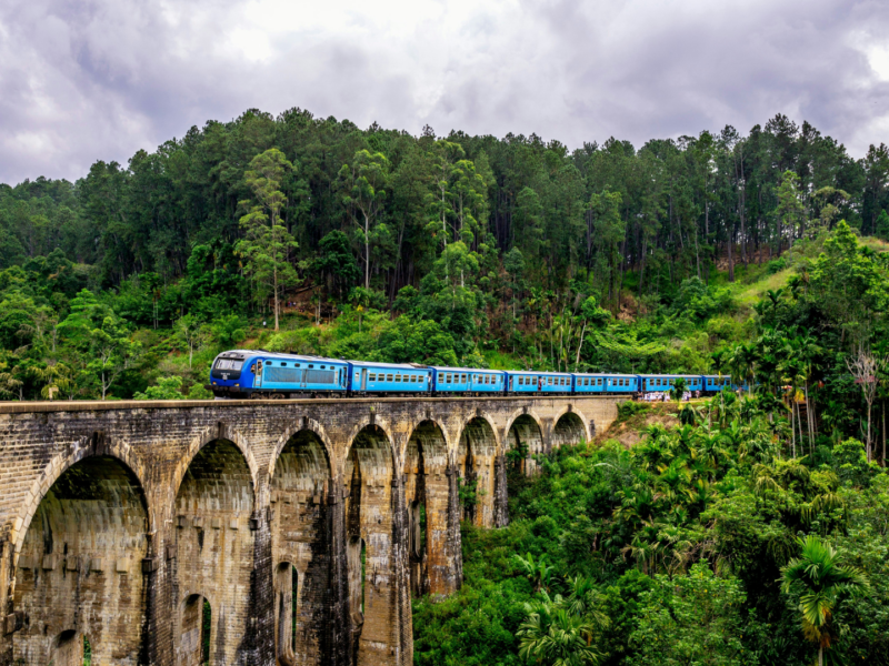 The iconic blue train journey through the lush tea plantations of the Sri Lankan Highlands, offering exclusive views of the rolling hills between Kandy and Ella.