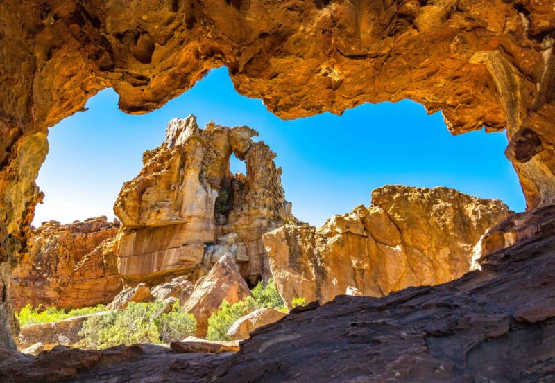 View from cave to bizarre rock formation at Stadsaal, Cederberg Wilderness Area, South Africa