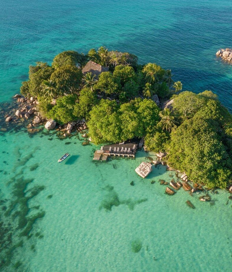 A herd of zebras walking accross the white, dusty terrain of the Mkgadikgadi Pans in Botswana, and a secluded private island in the Seychelles showcasing its lush tropical trees and clear turquoise water.