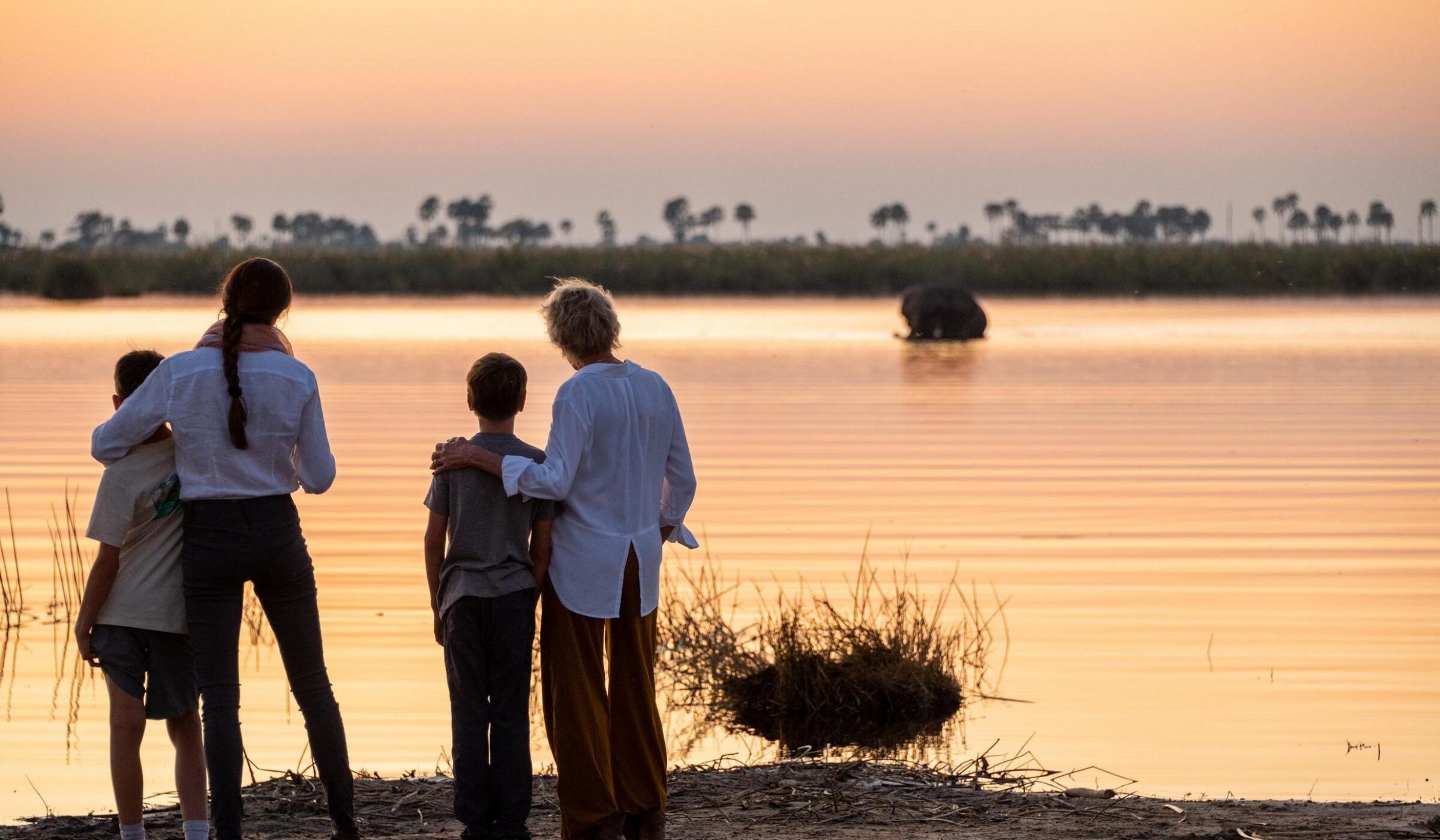 Silhouette of a family on a riverbank looking at an elephant in the water during a golden sunset.
