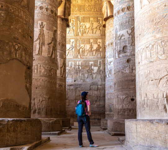 Exploring the beautifully preserved halls of Dendera Temple Complex, just north of Luxor