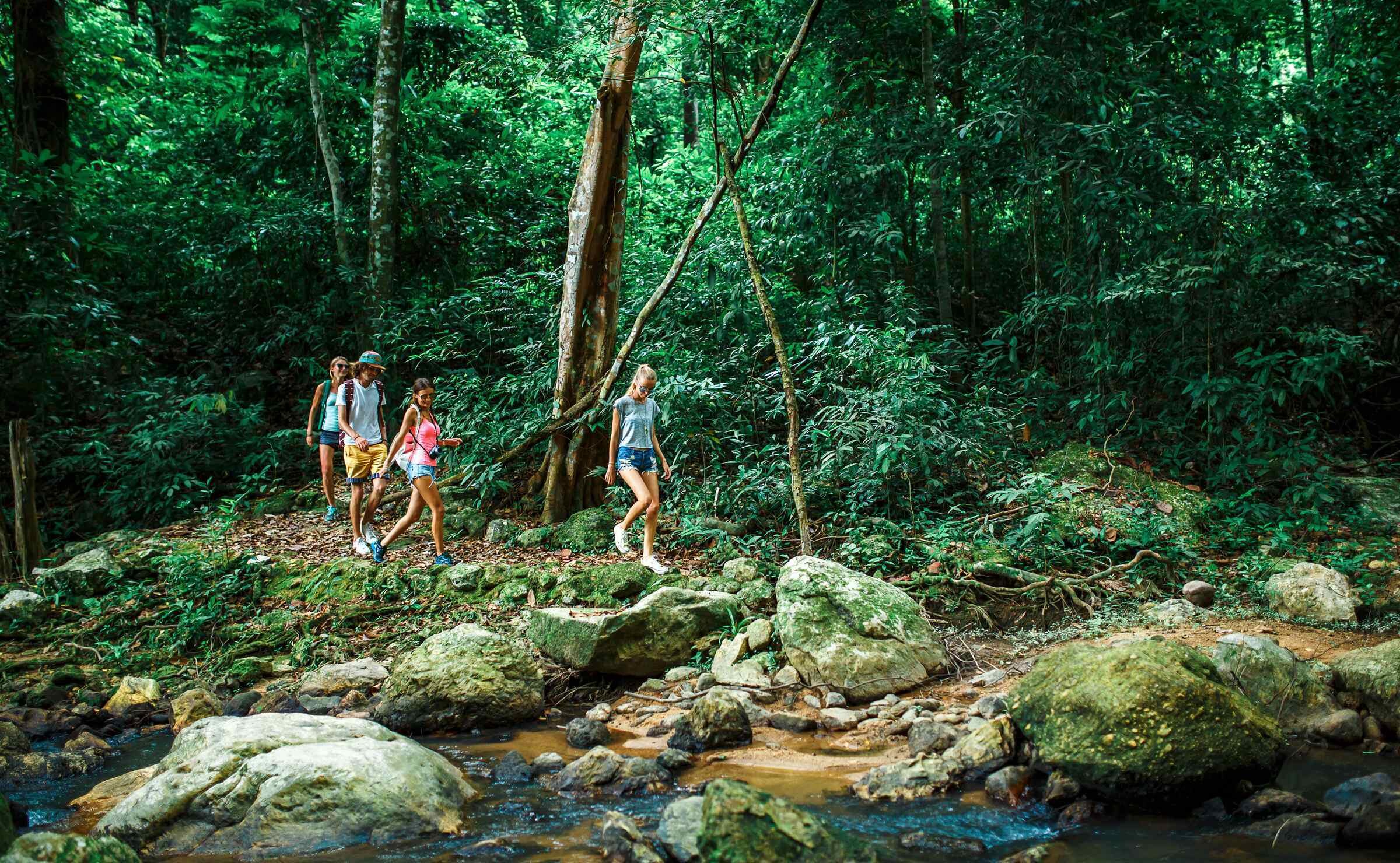 A group of tourists hiking through a jungle alongside a rocky riverbank in Thailand