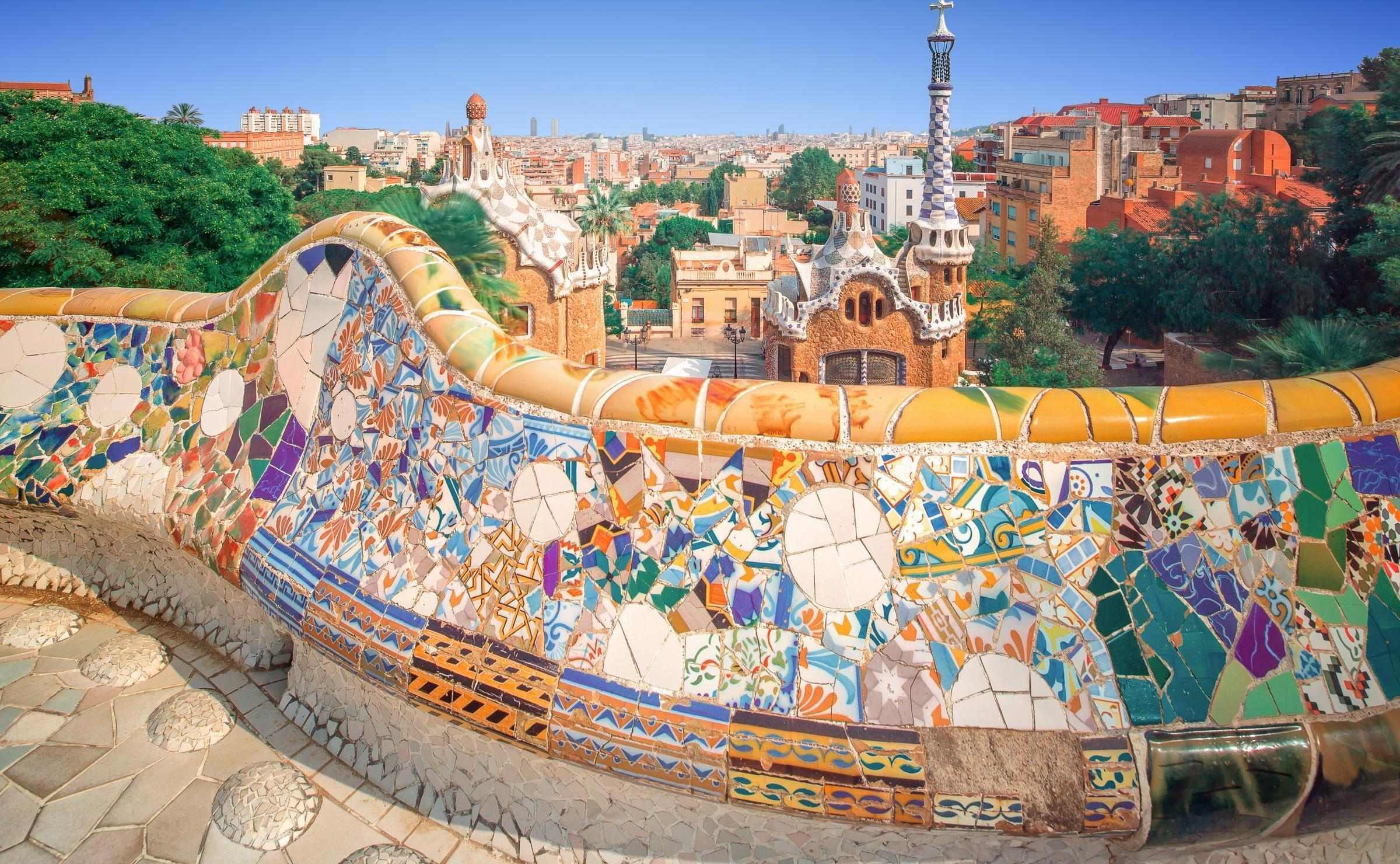 Tiled mosaic wall in Park Guell, Barcelona
