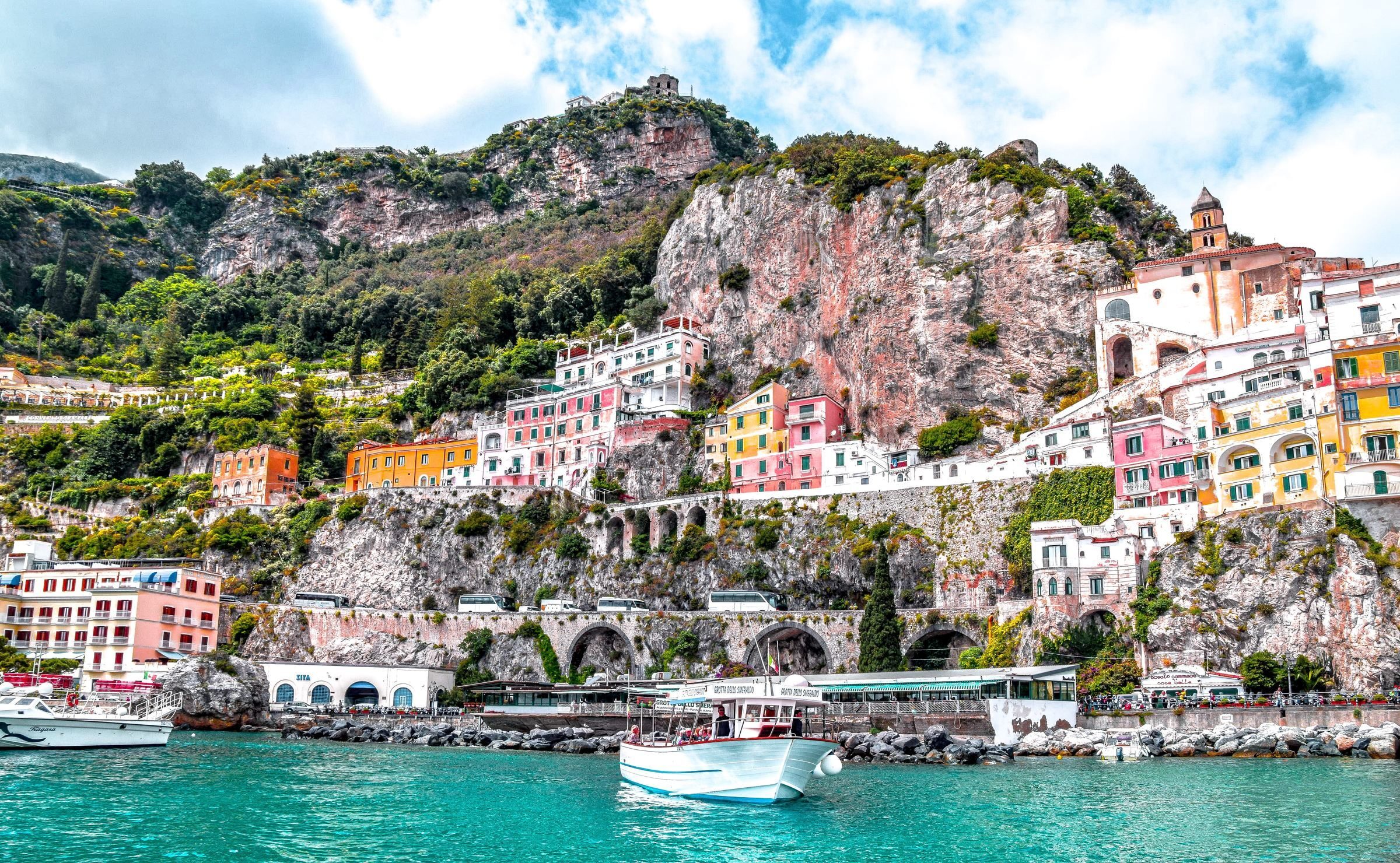 Colourful houses on a cliff in the Amalfi Coast