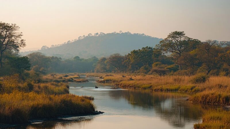 A calm river flowing through a grassy, forested landscape under a hazy sky.