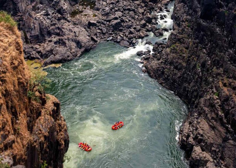 Aerial view of white water rafting on the Zambezi river
