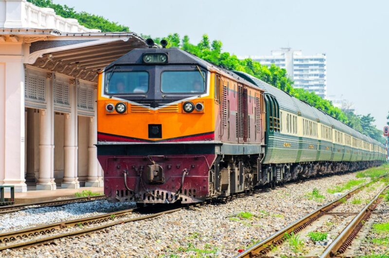 The front of a luxury train waiting at a railway station in Asia
