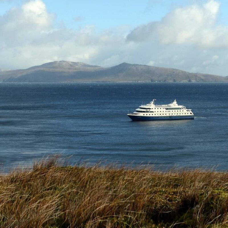 A white latin america expedition cruise ship sails past a mountainous coast with dry grass in the foreground.