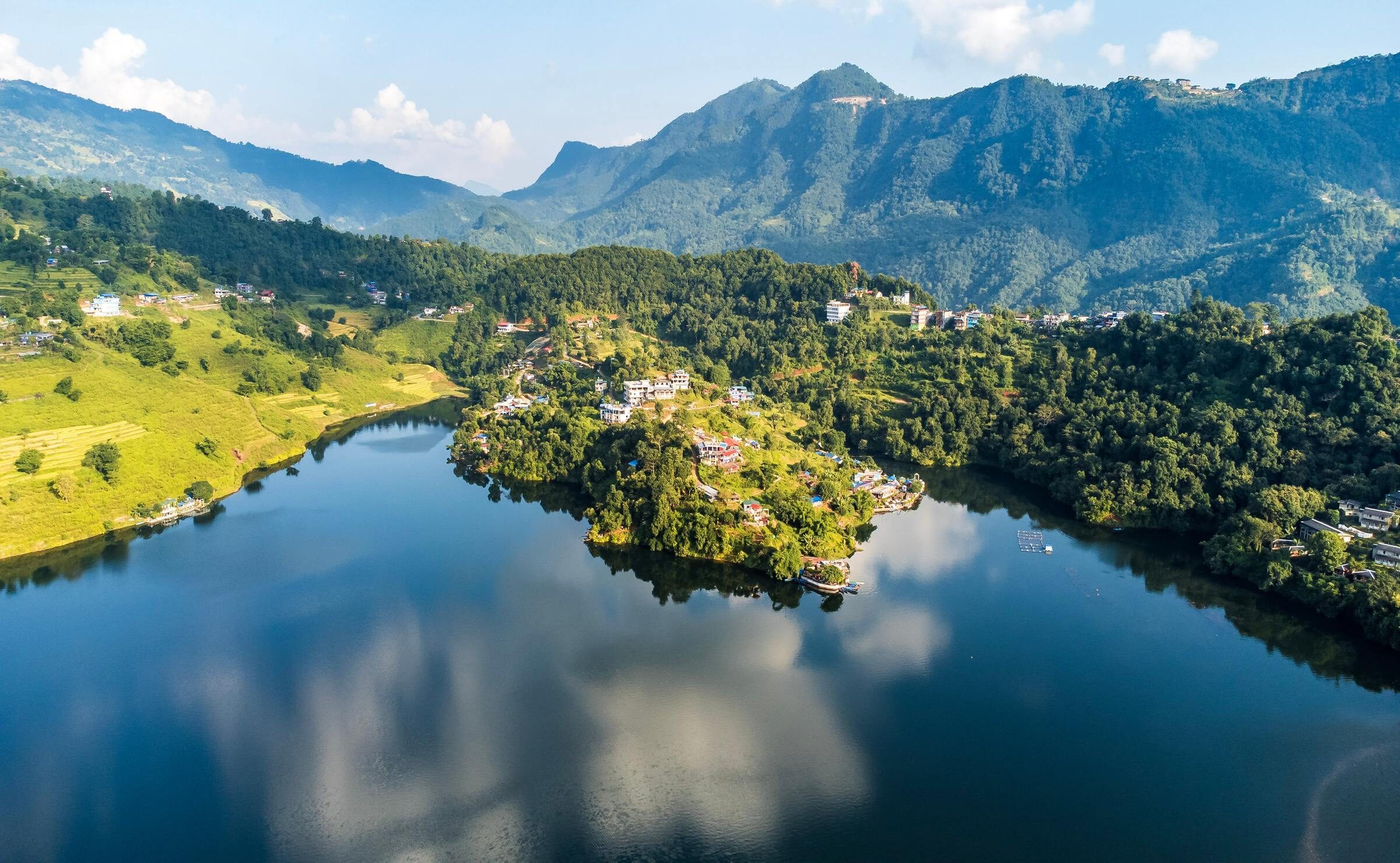 An aerial view of Lake Phewa in Pokhara, Nepal.