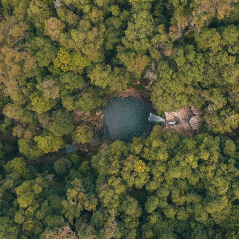 Aerial view of a waterfall flowing into a dark circular pool surrounded by dense green forest in Australia.