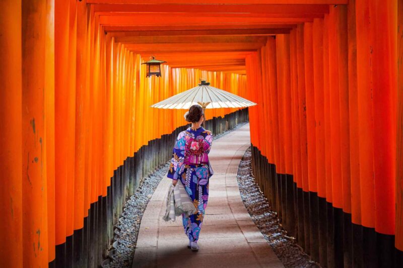 A woman in a blue kimono and umbrella walks away along a stone path framed by red torii gates.