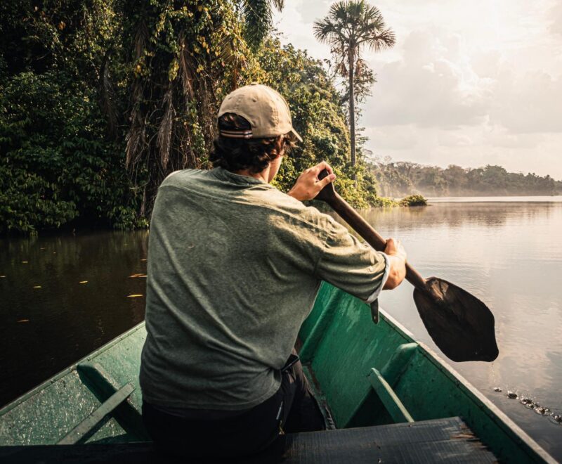 During periods of high water, parts of the Amazon forest flood, creating waterways that can be explored by canoe.