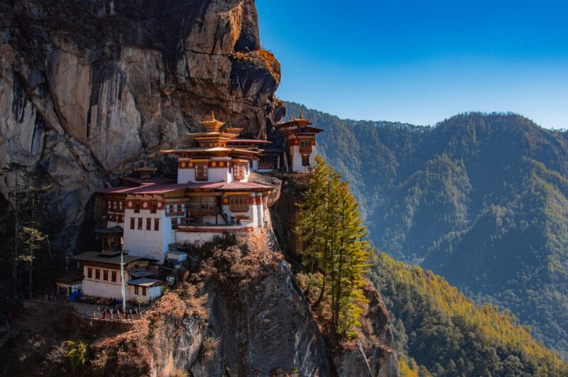 Paro Taktsang, Tiger's Nest Monastery, perched on a rocky cliffside in Bhutan.